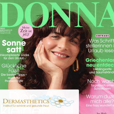 Titelbild der Frauenzeitschrift DONNA. Eine der Überschriften auf dem grünen Cover ist die Headline eines Artikels zu Fußpflege der Podologin in Frankfurt, Eva Klütsch. Zeitschrift für Schönheit und Schönheitspflege ziert ein Gesicht mit gepflegter Haut.